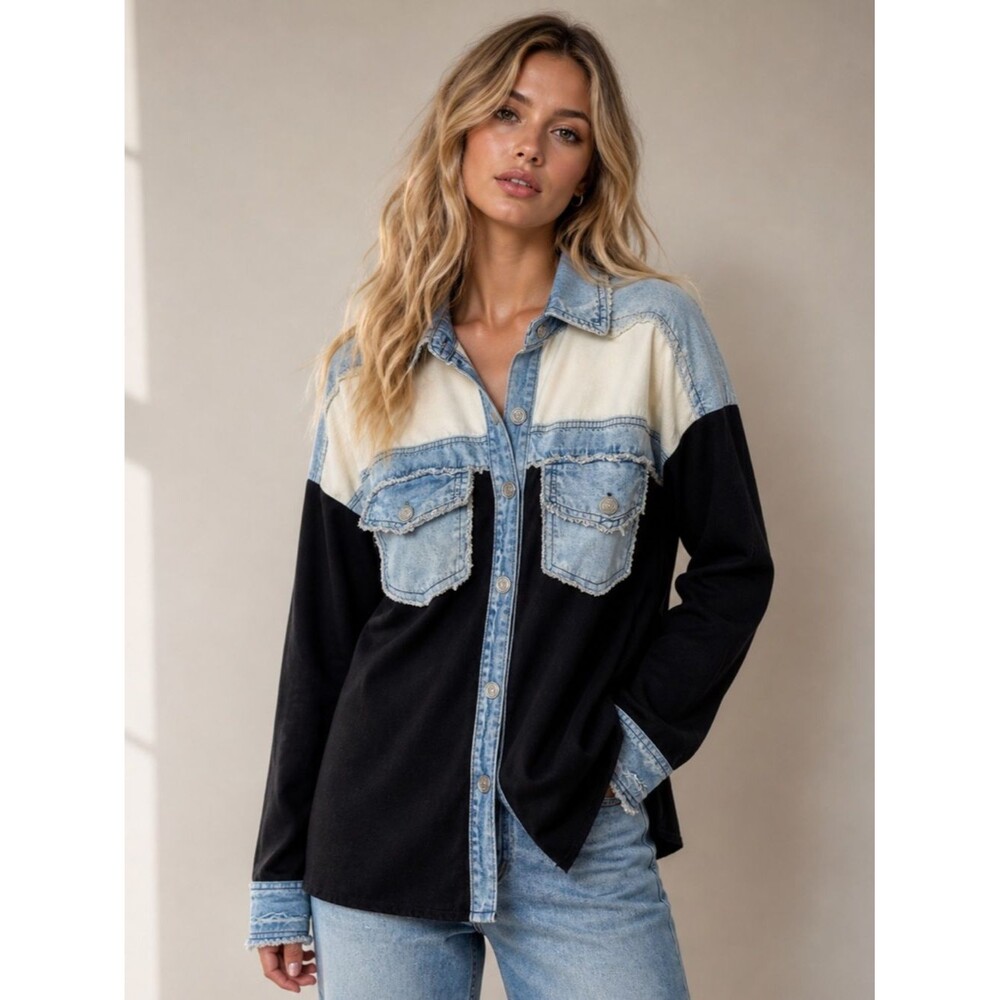 Thrill Jeans Colorblock Denim Shirt Jacket – Black & Light Wash – Size S
